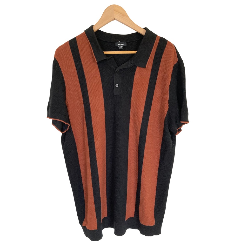 Express Mens Knit Polo Shirt Black Rust Orange Striped Short Sleeve Cotton Large